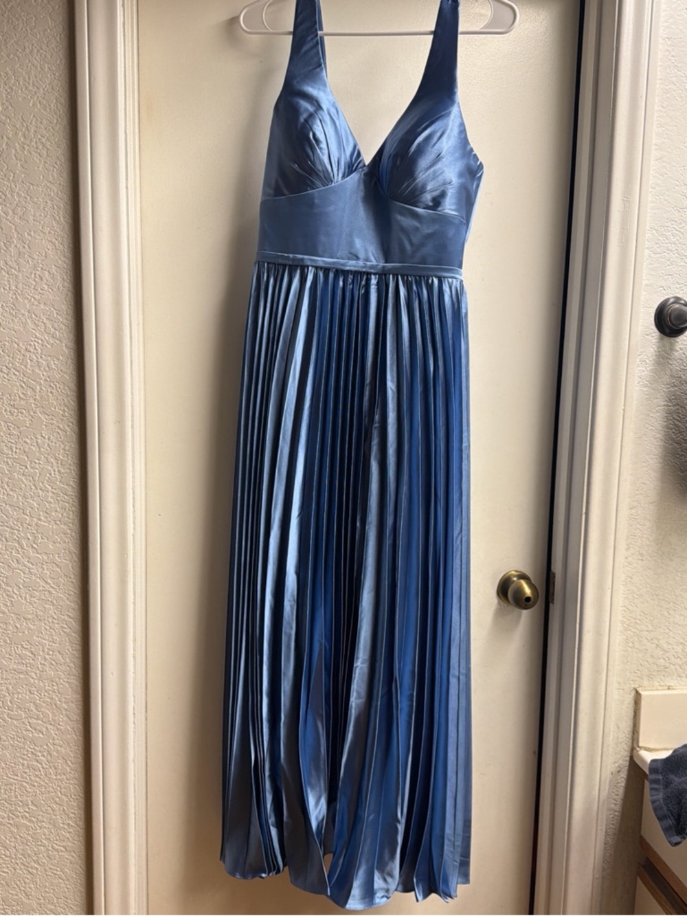 Blue Satin Pleated Maxi Dress